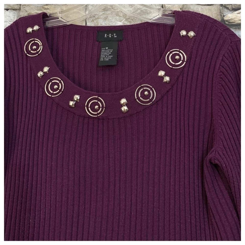 #142 RQT Embellished Beads Burgundy Cable Knit Sweater Top Shirt Blouse Medium - Picture 3 of 3
